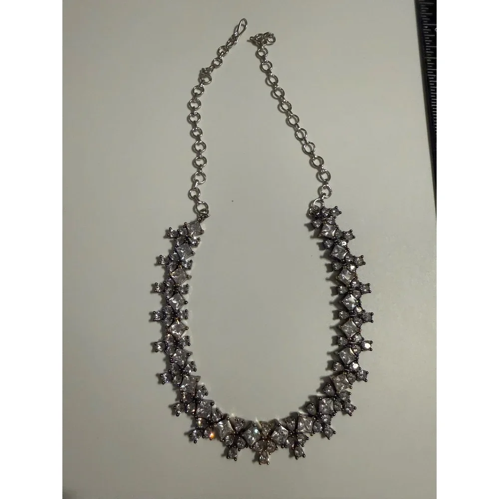 Vintage‎ Gunmetal Clear Crystal Statement Bib Necklace Geometric Wedding Formal